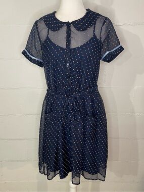 Modcloth Navy Sheer Polka Dot Tie-Waist Dress